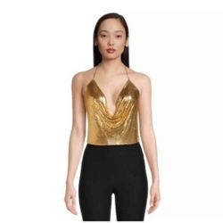 No Boundaries Women's Draped Neck Chainmail Halter Top, Gold Color