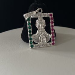 Jesus Malverde sterling silver pendant,Mexico flag colors,