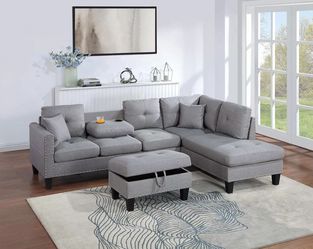 Brand new taupe or dark gray linen sectional with cup holder and storage chaise (Overall: 98" x 70" x 34"H)