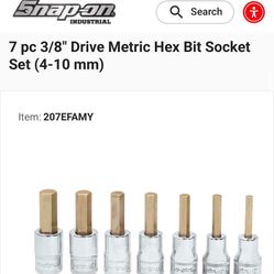 Snap On 7 pc 3/8" Drive Metric Hex Bit Socket Set (4-10 mm)