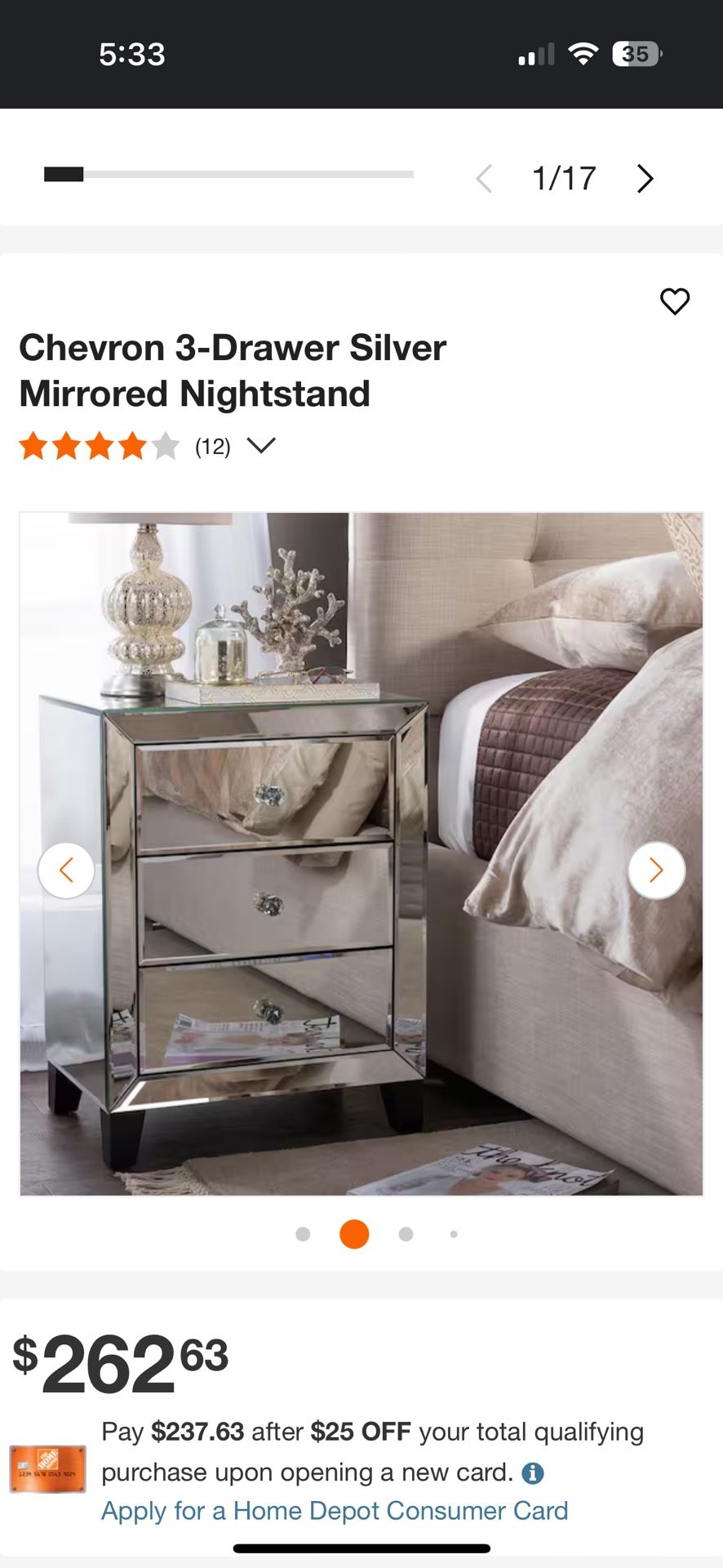 Reflections 3-Drawer Silver Mirrored Nightstand - Like New - $150