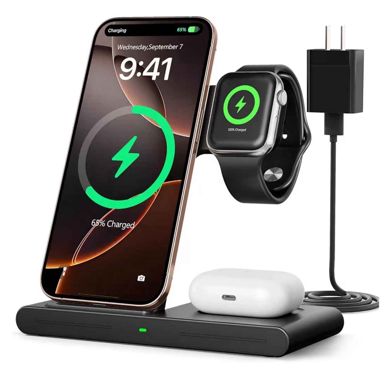 Cargador Inalámbrico 3 en 1 Portátil 3-in-1 Wireless Fast Charging Station for iPhone Apple Watch