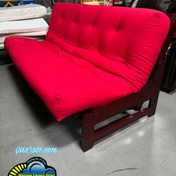 Red Futon With Cherry Wood Bed 