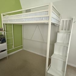 Loft Twin Metal Bunk Bed Frame And Wooden Stairs With Storage