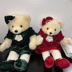 RARE Vintage MTY Velvet Green Red Teddy Bear Plush Stuffed 21” & 26” Set Of 2