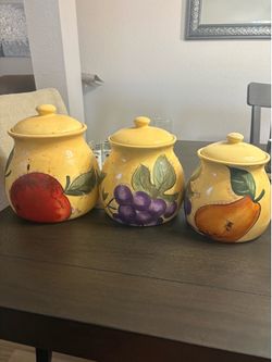 Set of fruit painted jars and plates and cups