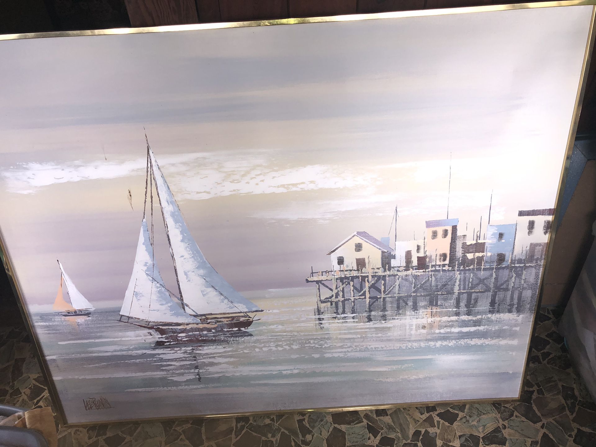 50” x 40” framed hand painted art boating sailing scene Lee Reynolds