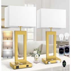 Table Lamps for Bedrooms Set of 2, 27.2’’ Super Tall Modern Gold Lamps for Living Room Nightstand End Tables, Button Touch Control Bedside Lamps with 