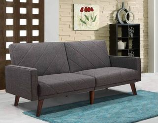 GRAY Fabric Split Back Stitching Lines Design Futon Couch w/ Armrest