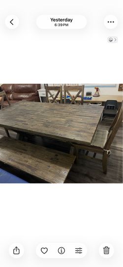 Rustic Wood Dining Table with Bench & chairs