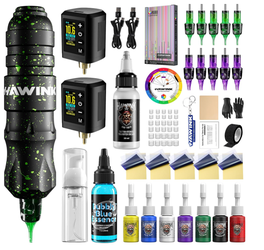 NEW HAWINK Tattoo Gun Kit 2x 1600mAh LCD Batteries Complete Tattoo Kit