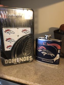 Denver Broncos double six dominoes and 6 oz stainless steel flask