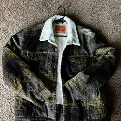 Levi's Jacket Mens Large Yellow Brown Plaid Tweed Vintage Fit Trucker