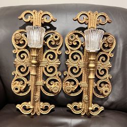 1970's Ornate Gold Hollywood Regency Gothic Homco Syroco Wall  Sconces , Candle Holder, Glass Inserts , Set of 2 Vintage