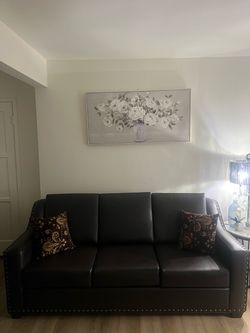 Dark Brown Leather Sofa with Nailhead Trim