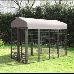 4 ft. x 8 ft. Outdoor Dog Kennel In-Ground Fence with Rotating Feeding Door and Cover, Coverage Area 0.0007-Acre