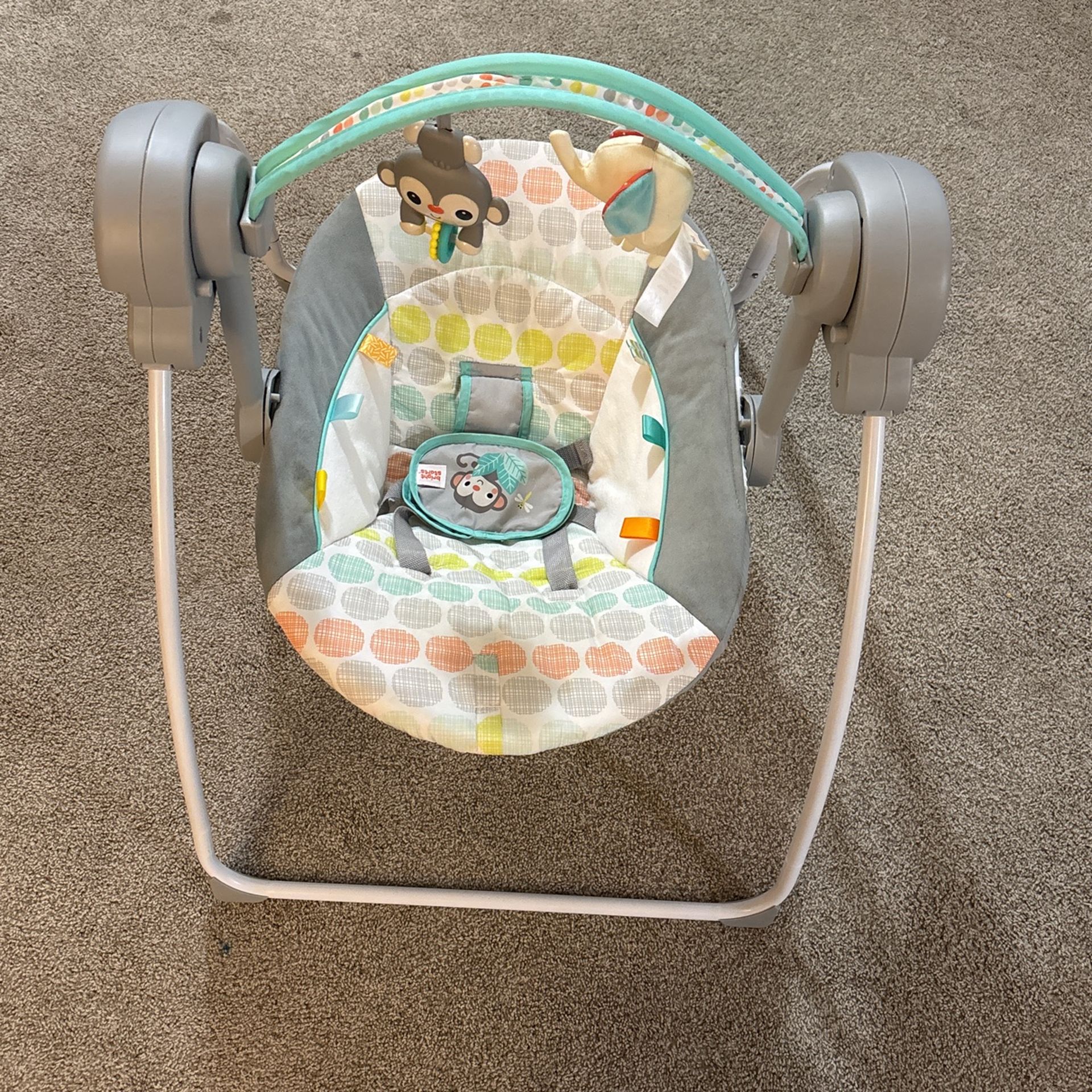 Bright Starts Portable Automatic 6-Speed Baby Swing with Adaptable Speed, Taggies, Music, Removable-Toy-Bar, 0-9 Months 6-20 lbs (Whimsical Wild)