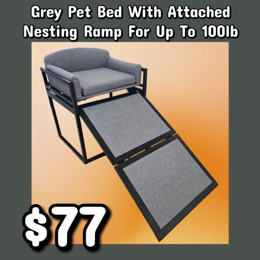 NEW Grey Pet Bed With Attached Nesting Ramp For Up To 100lb: Njft