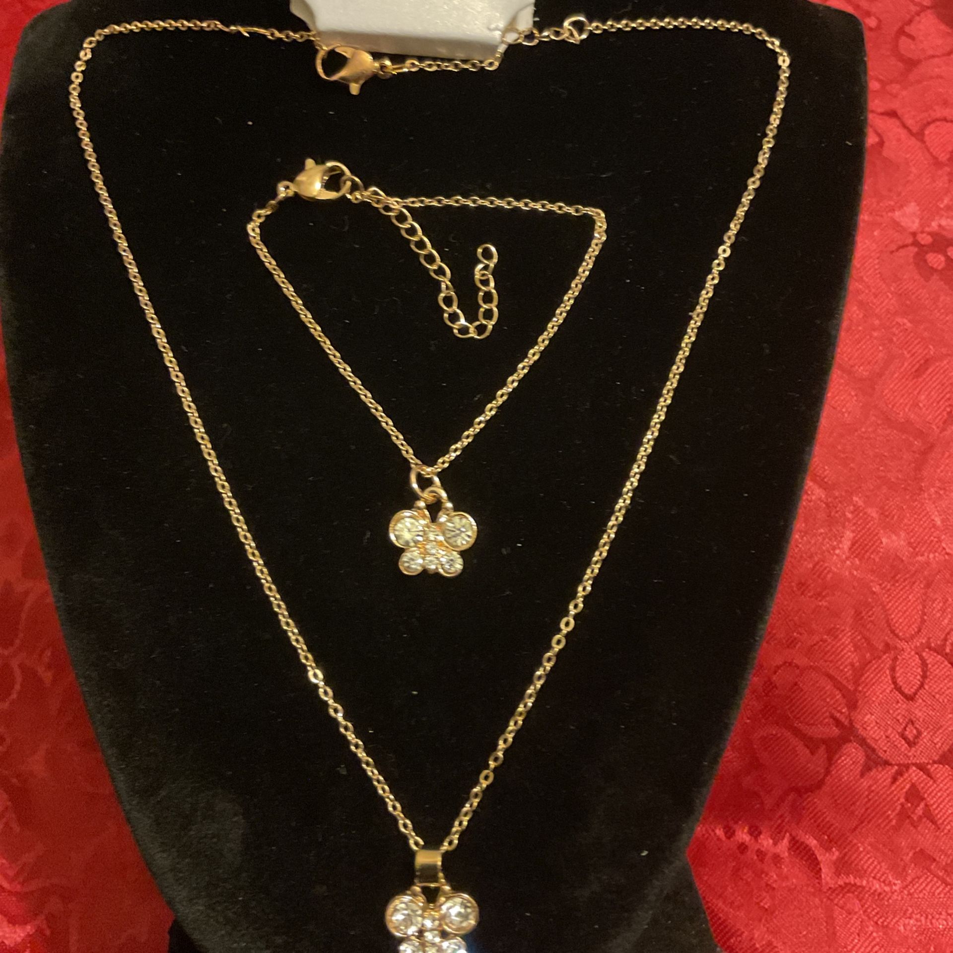Gold Necklace And Bracelet Set W/butterfly Pendant With Rhinestones