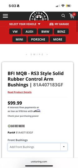 BFI MQB MK7 GTI A3 RS3 style control arm bushings
