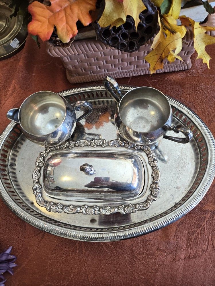 Silver Butter, Dish .sugar And Creamer Coffee Pot Or Water Pitcher