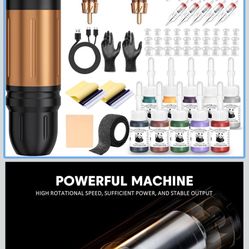 EMRICE Tattoo Gun Kit Wireless Tattoo Machine Pen Kit with 2Pcs 1600mAh Replaceable battery and 20 pcs Tattoo Cartridge Needles, 10 Ink Colors for Com