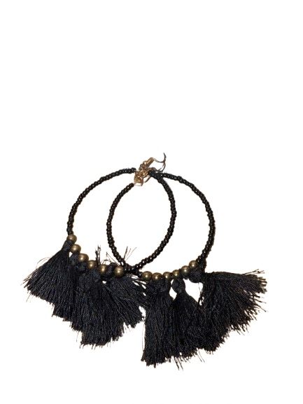 Black and gold tassel hoop earrings