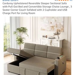 Modern Sectional Sofa Bed w/ Storage, Cupholders & USB – Like New! 