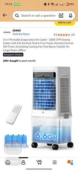 3-in-1 Portable Evaporative Air Cooler - 2000 CFM Swamp Cooler with 6.6-Gal Dual Tank & 4 Ice Packs, Remote Control, 12H Timer, Oscillating Cooling Fa