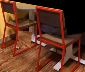 4 wooden and red metal chairs