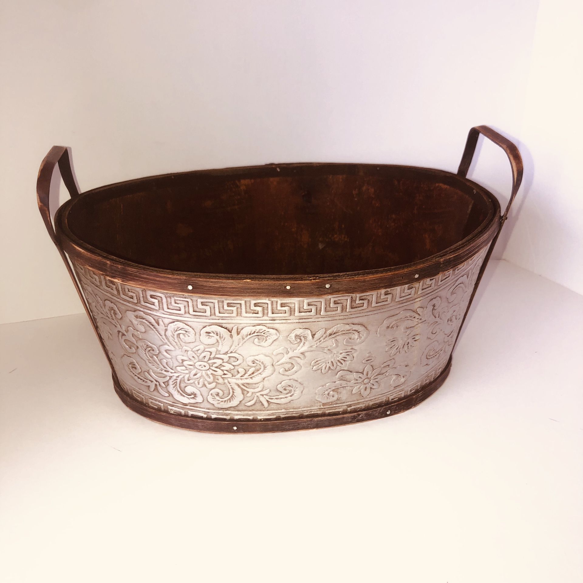 Large wooden/silver tin bucket/basket with handles 12”x9”x5”
