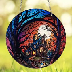 Spooky Halloween House & Trees Sun Catcher: Stained Glass Plastic Acrylic