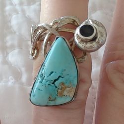 Vtg.Rare Abstract Sterling Silver Turquoise & Onyx Ring- Sz5