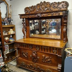 Antique Tiger Oak Carved Winged Griffin/Lion Server Buffet Sideboard