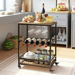 Mobile Wine Rack Cart with Wheels Bar Table, Rustic Brown