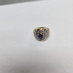 10k Gold Mens Ring  White Zirconia & Blue Sapphire  Size 10