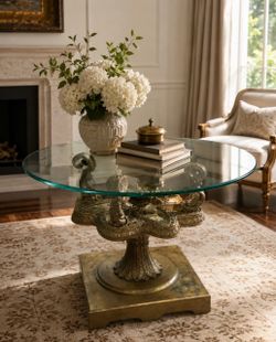 Beautiful Hollywood Regency style glass top table with gold tone baroque legs and wood base
