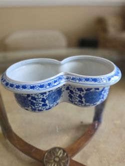 Vintage Blue White Porcelain Double Planter Floral Cache Pot Japan