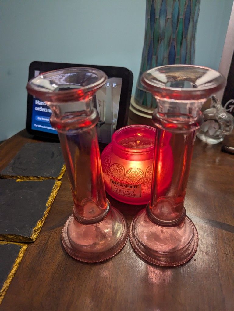 Pink Vintage Candle Holders 7 In Tall