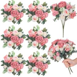 6 Pcs Artificial Peony Silk Florals Fake Mix Silk Peony Rose Faux Flower Hydrangea Bouquet Elegant Realistic Wedding Floral Centerpiece for Home Party