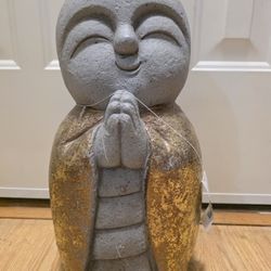 15" Gray and Gold Sweet Smiling Monk Indoor Outdoor Statue - Medium
