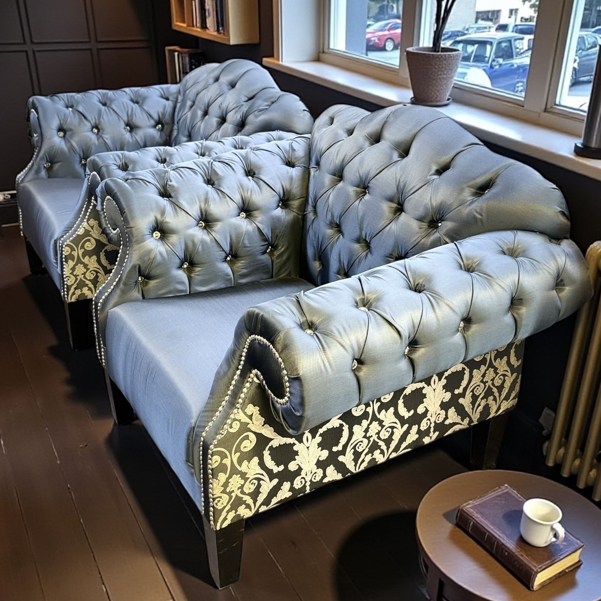 Custom Slate Sapphire Blue Damask Vintage Hollywood Regency Armchair Chair 2 Avail