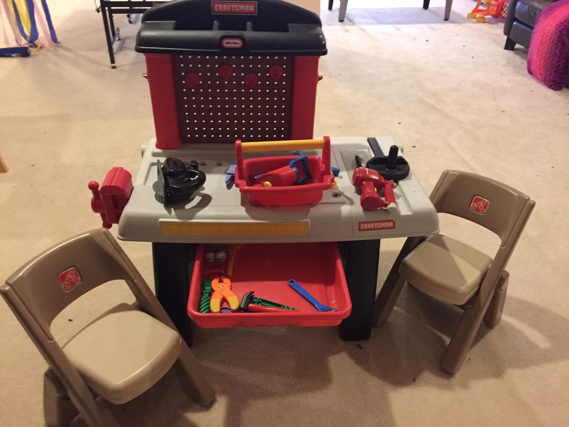 Craftsman kids tool station with 2 chairs and tools