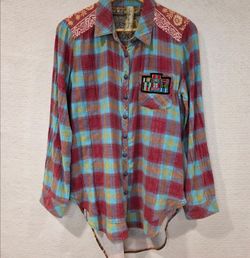 Aratta Silent Journey Plaid Flannel Shirt Floral Ocean Back Panel Boho Small