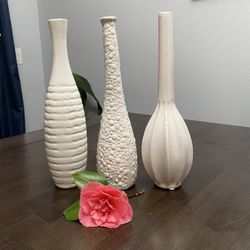 Tall Ceramic White Vases With Textured Finishes 