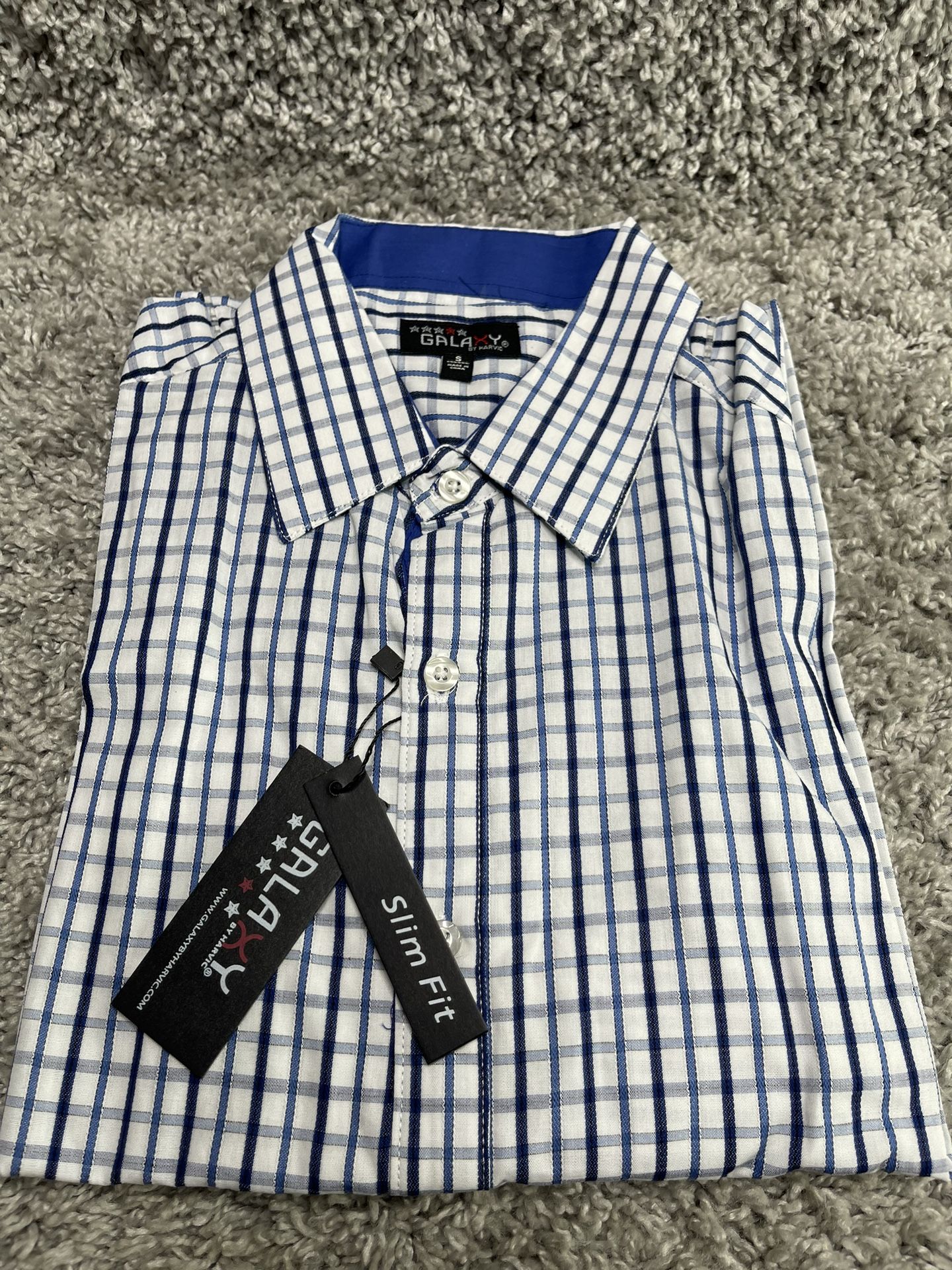 Galaxy by Harvic Button Dress Shirt Size Small Blue Plaid Long Sleeve NWT