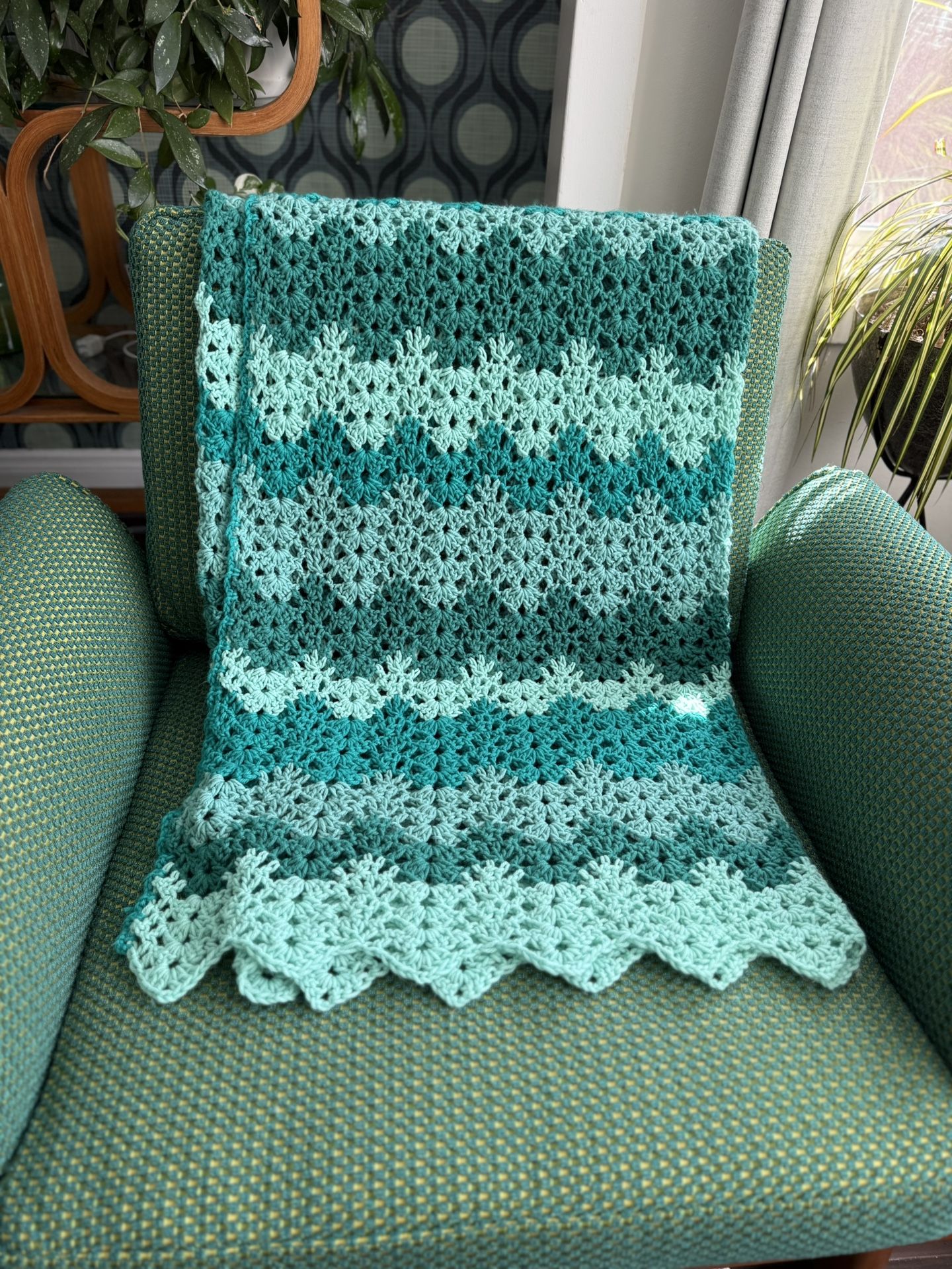 New! Vintage style hand crochet shades of blue green teal throw blanket handmade afghan 68x41