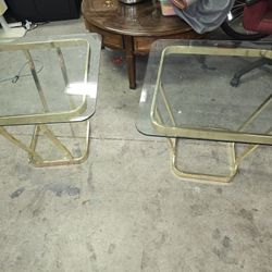 Pair of Glass Top End Tables Brass Frame