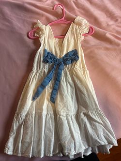 Girls Cream Tiered Dress with Blue Bow