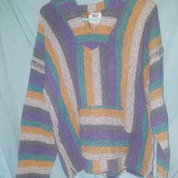 Vintage Mexican 100% Cotton Serape Hoodie Poncho Sweatshirt Hippie Bohemian 